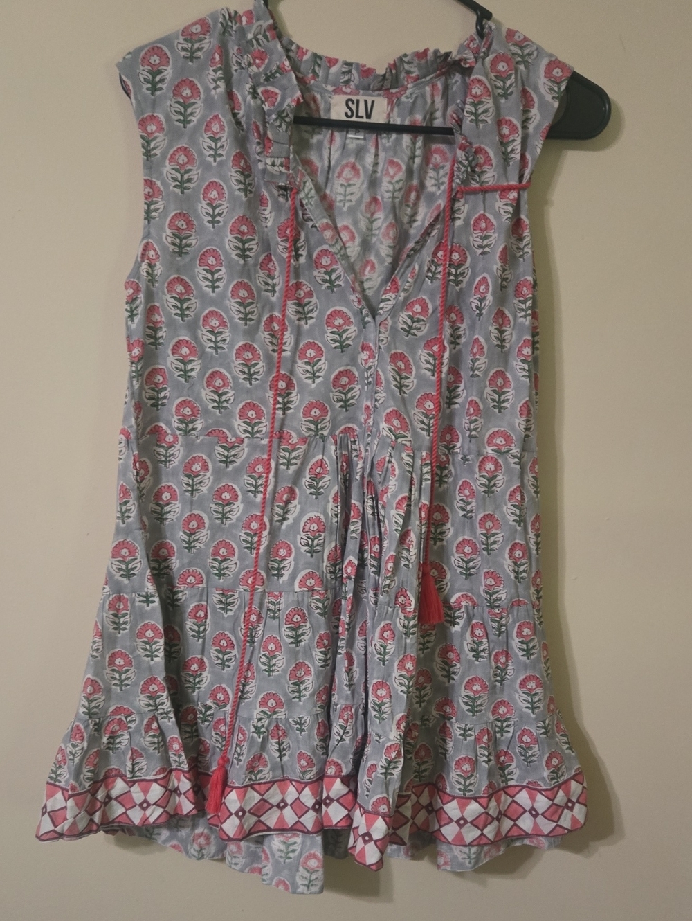 SLV Pink & Light Blue Floral Sleeveless Mini Dress with Tassel Tie